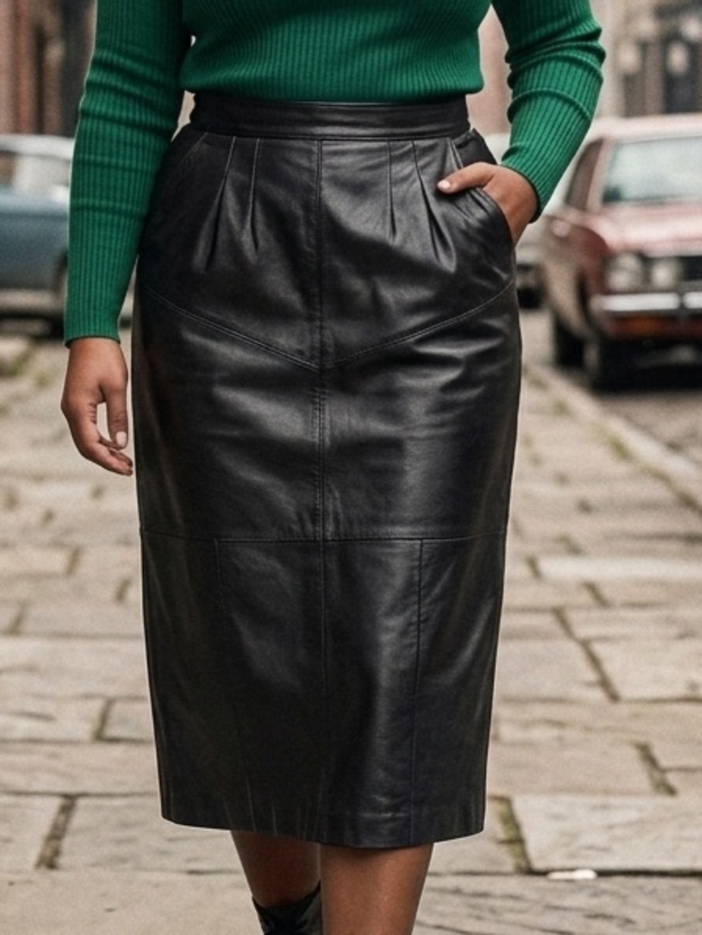 Vintage Donna Lepure New York Black Leather Midi Skirt Size 2X